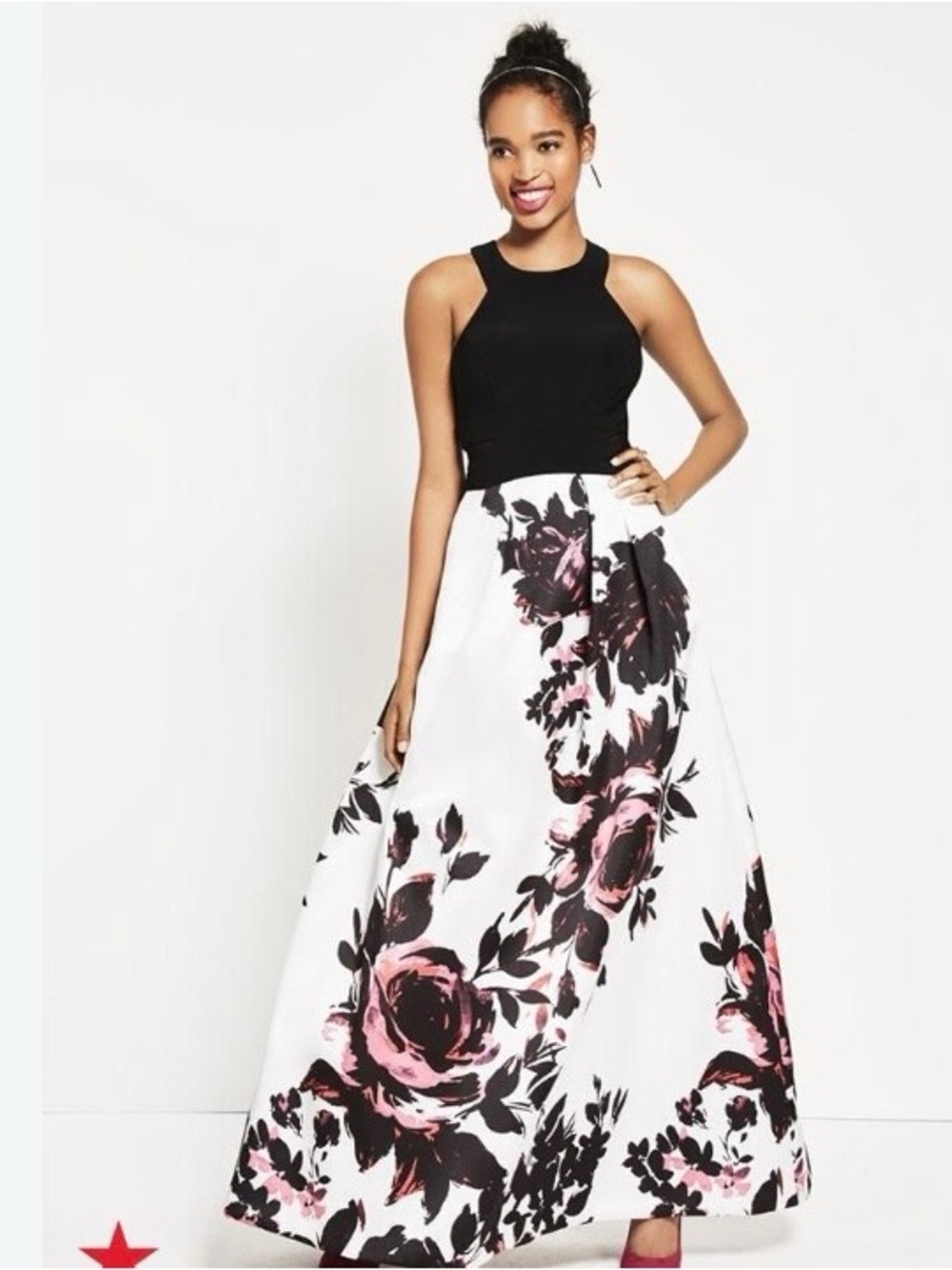 Xscape Black and White Maxi Skirt with Pink Floral Accents